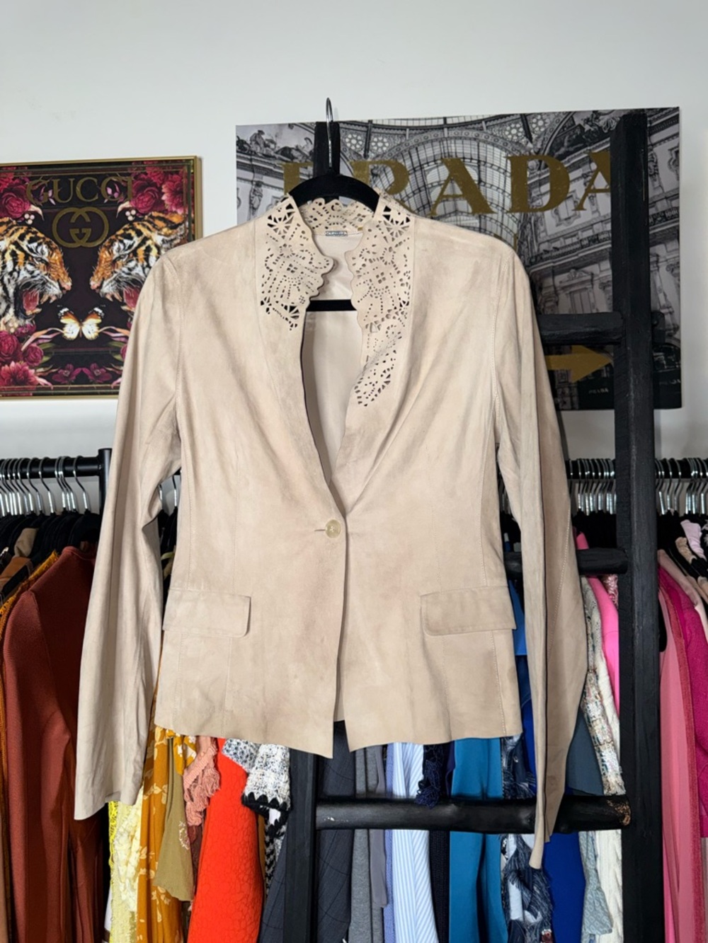 Elie Tahari Beige Lamb Leather Laser Cut Collar Tailored Blazer Jacket Medium